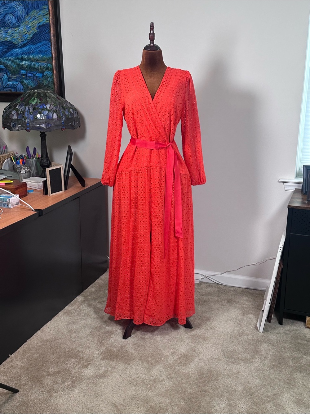 White House Black Market Coral-Red Eyelet Wrap Maxi Dress with Sash